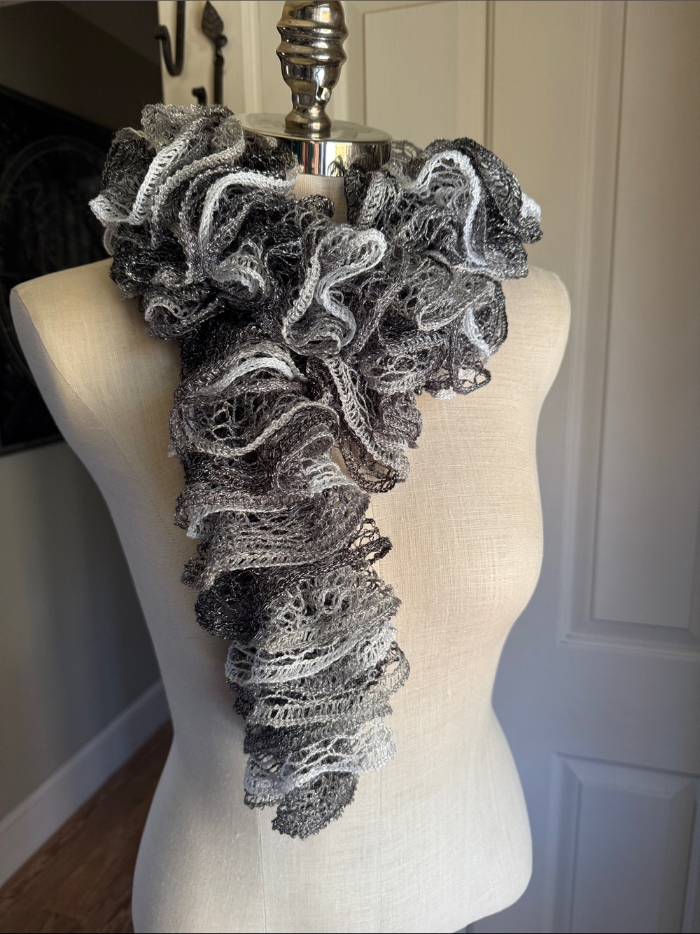 Ruffled Ombre Gray Hand Knit Scarf